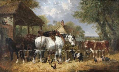 Shire horses, pigs and other livestock by a stable with a cottage and church beyond