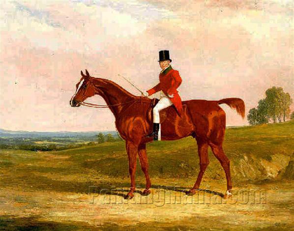 Sir Hugh Hamilton Mortimer, Master of the Old Surrey Foxhounds, on a chestnut hunter in an extensive