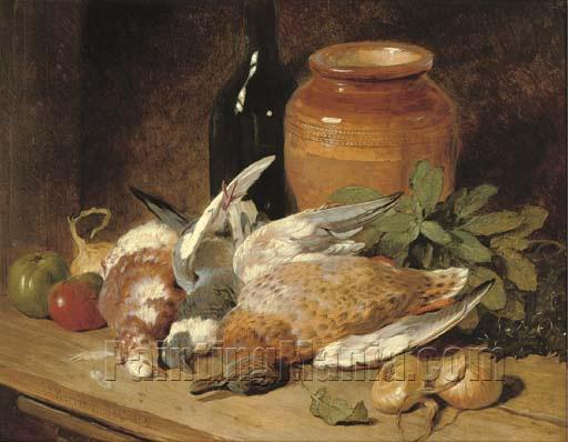 Still Life of Dead Birds, Fruit, Vegetables, a Bottle and a Jar