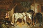 Feeding Time. a stable scene with two horses. a man. ducks. chickens and a goat