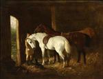 Groomsman with Two Horses in Stables