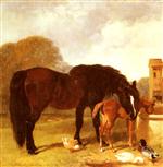 Horse and Foal watering at a trough