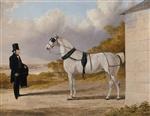 Portrait of James Hartley with a Grey Carriage Horse. in an Extensive River Landscape