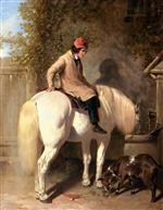 Refreshment. A Boy Watering His Grey Pony