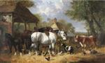 Shire horses. pigs and other livestock by a stable with a cottage and church beyond