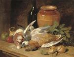 Still Life of Dead Birds. Fruit. Vegetables. a Bottle and a Jar