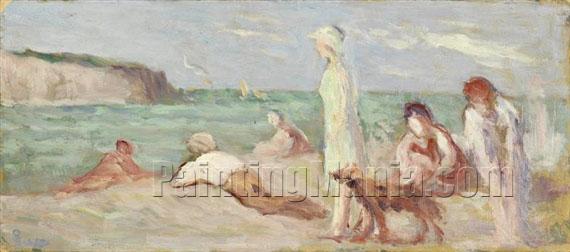 Dame au chien et baigneurs sur la plage