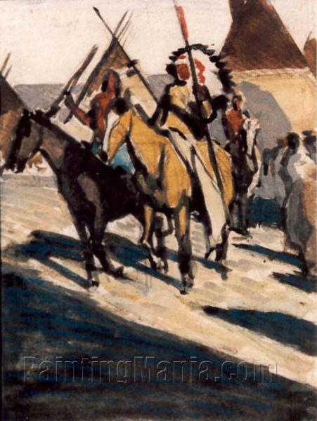 Indians On Horseback with Teepees in Background