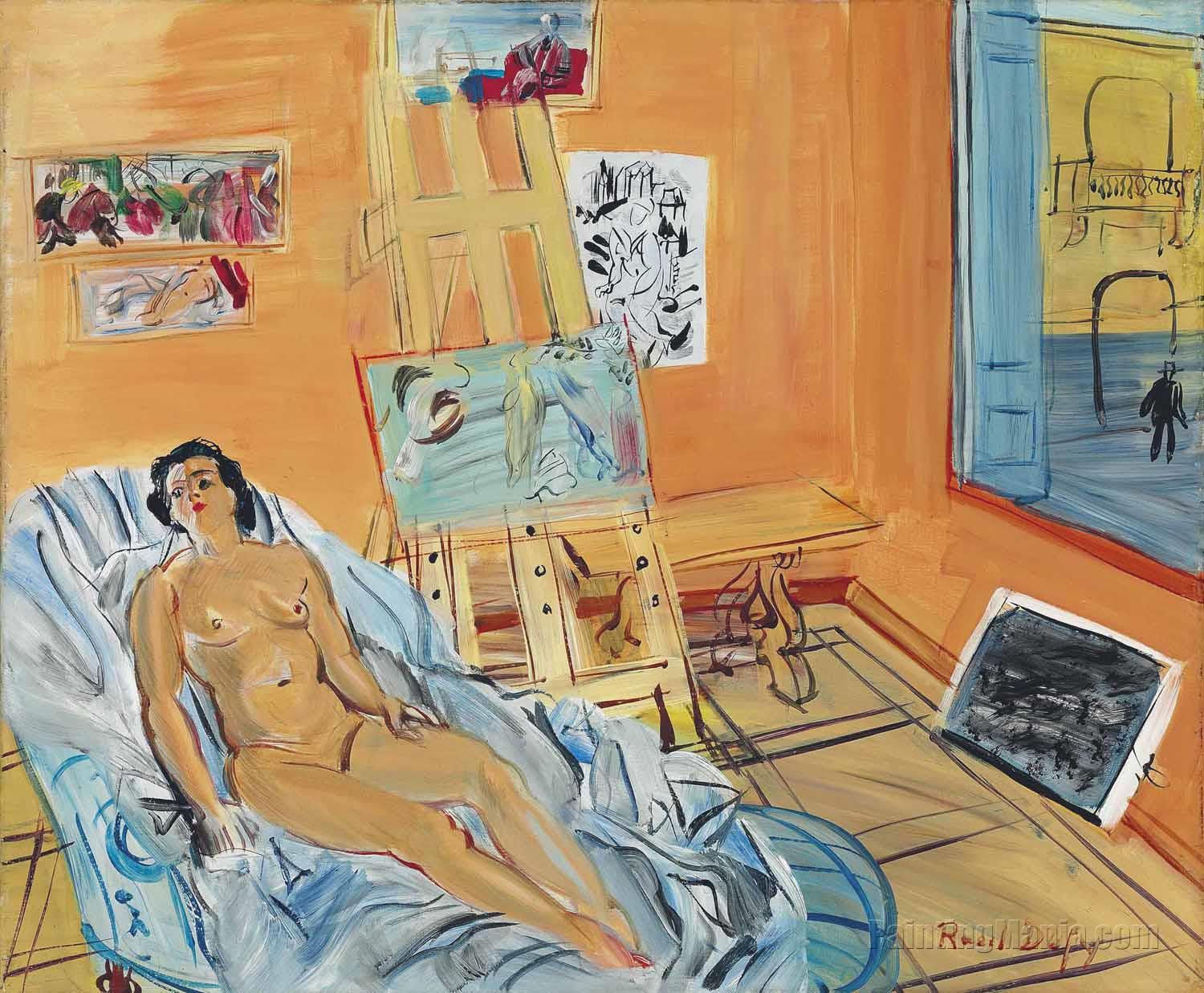 Studio on rue Jeanne-d'Arc, nude lying with passers-by