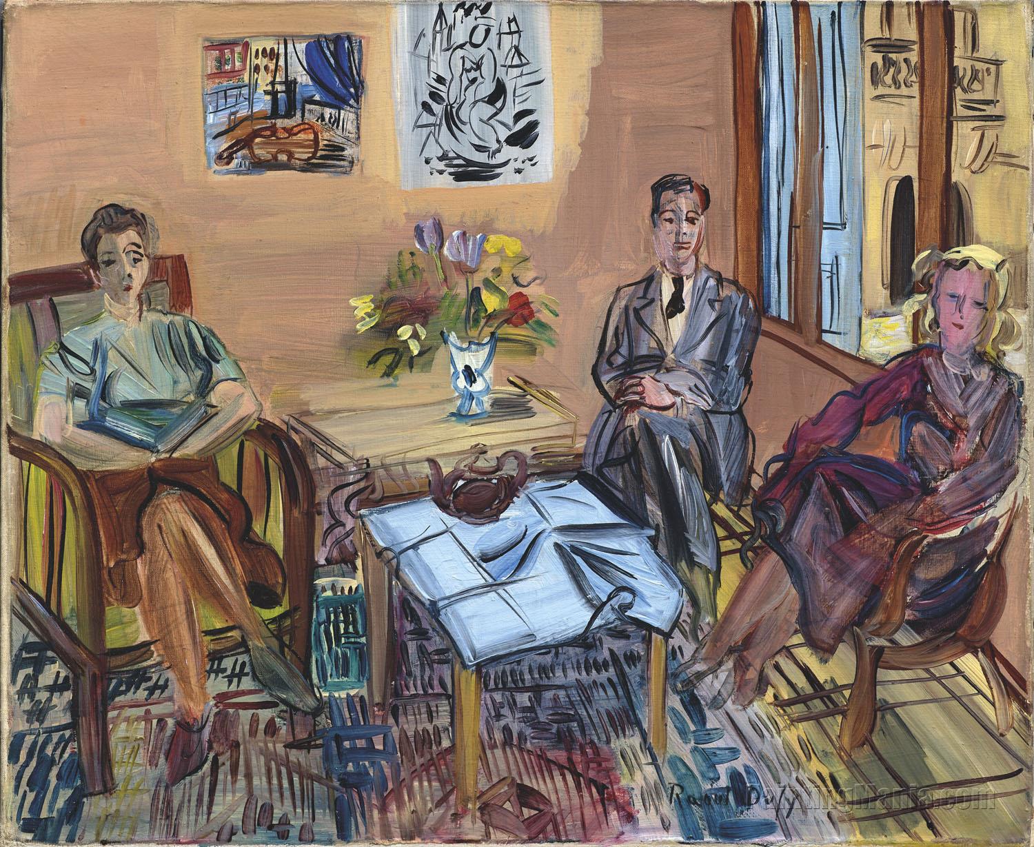 Three characters having tea in the Perpignan workshop