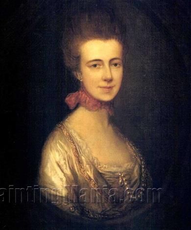 Portrait of Miss Boone, wearing a white dress with gold embroidery