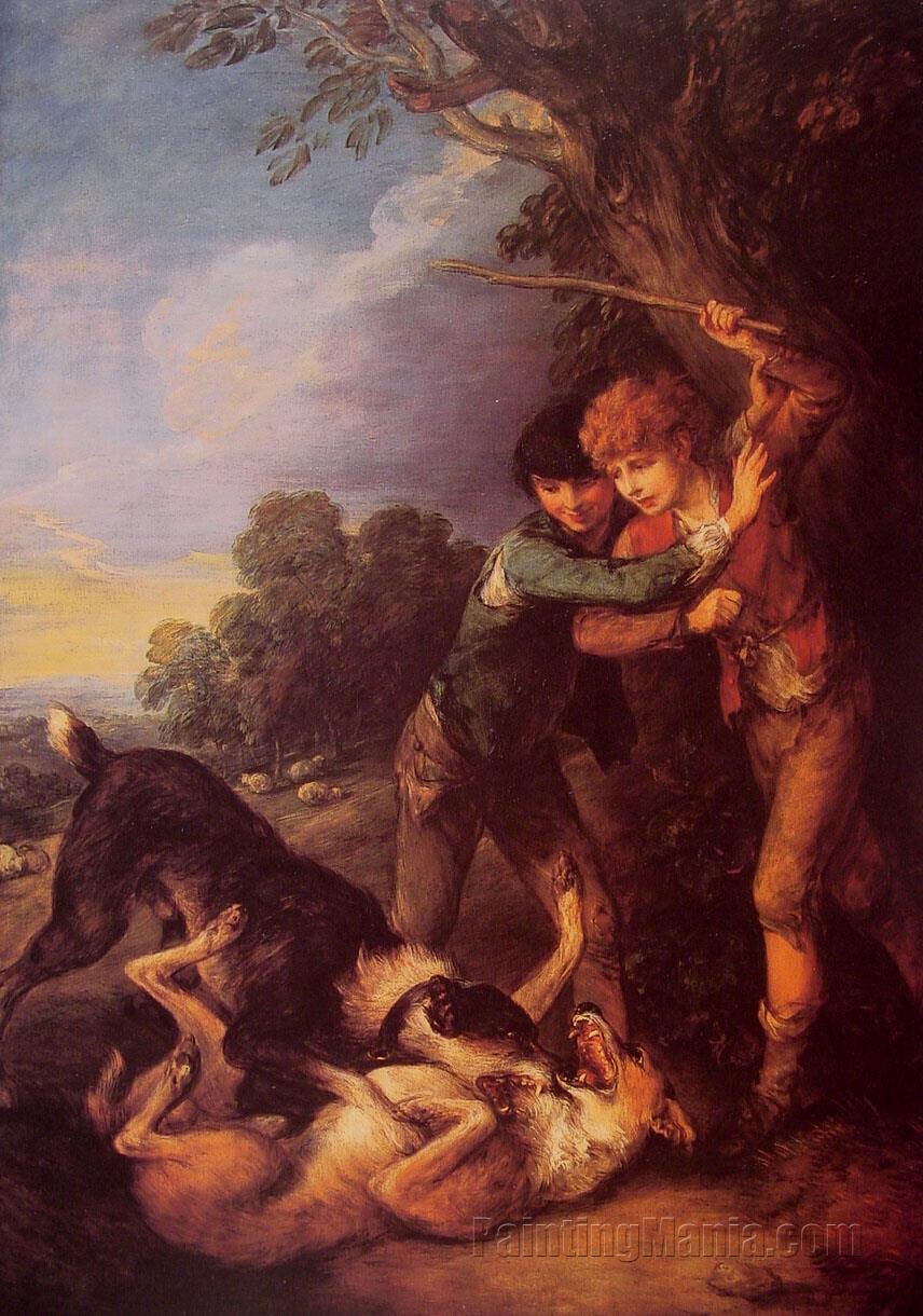 Shepherd Boys with Dogs Fighting