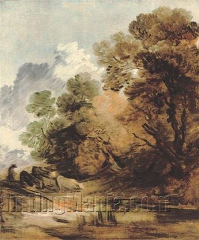 Wooded Landscape with a Herdsman Driving Cattle Towards a Pool