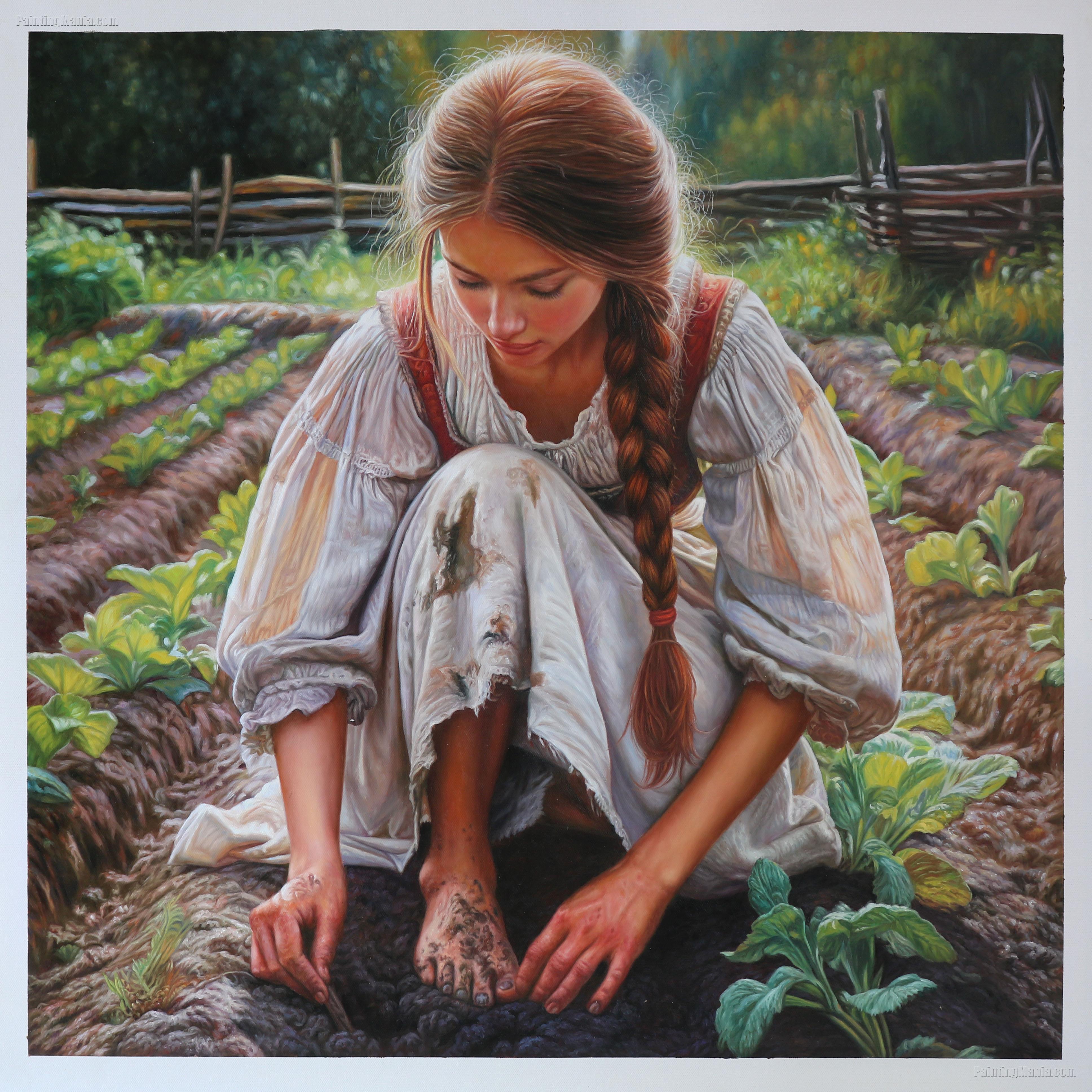 Beautiful Farmer Girl Planting Vegetables