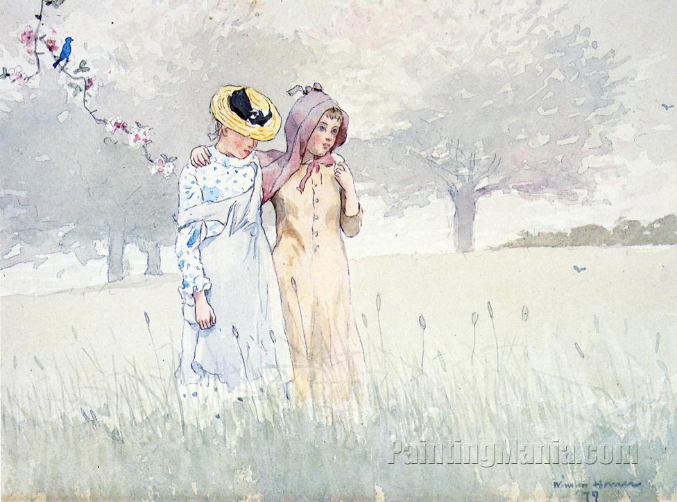 Girls Strolling in an Orchard